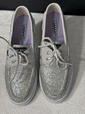 Sperry Top Sider Boat Shoes Glitter Silver Sequin Gray /White Sz 8 F12-CH171